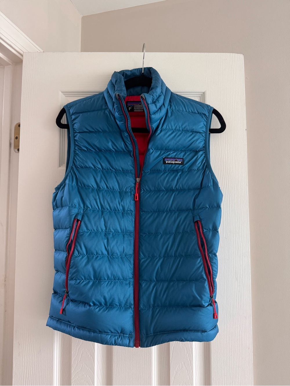 Patagonia Teal Blue Quilted Down Vest with Red Accents